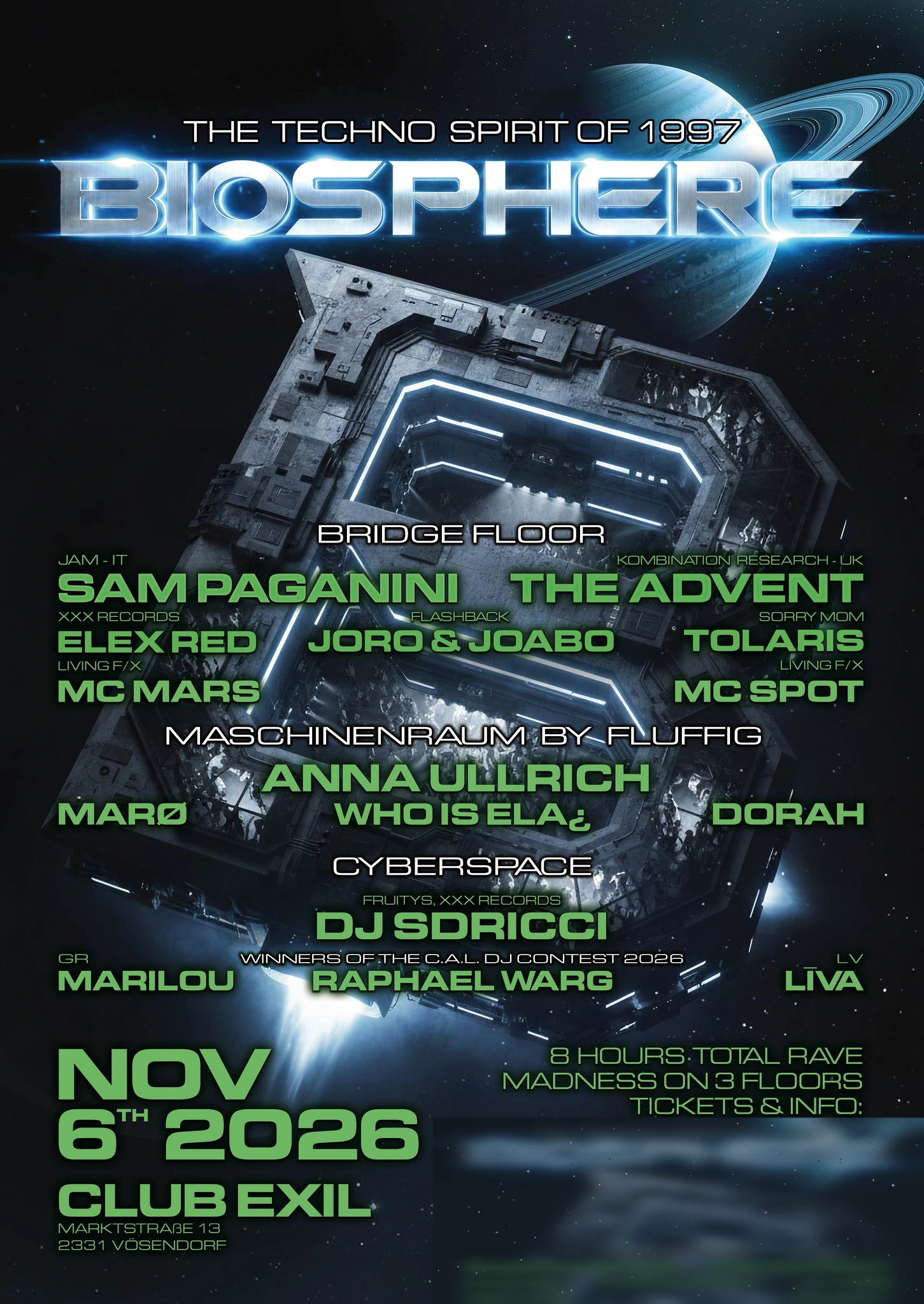 BIOSPHERE Full-Line-up-Flyer für den 6. November 2026 im Club Exil Vösendorf